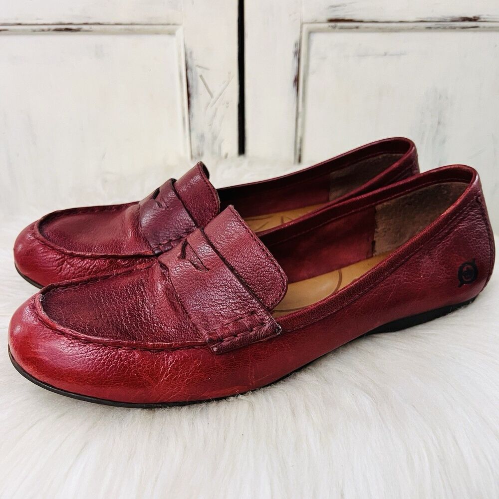 Classic Red Leather Flats with Penny Loafer Design